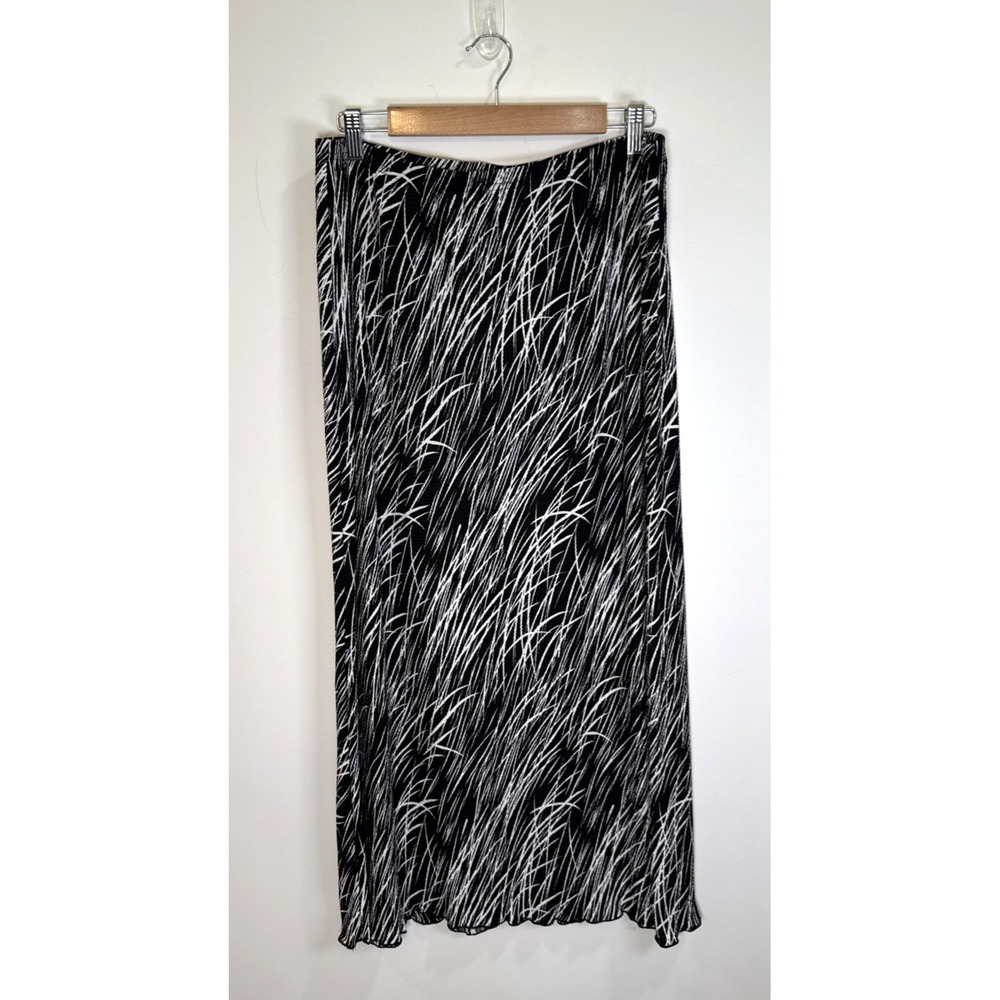 Vintage Y2K Maxi Skirt XL Black White‎ Made in USA Lettuce Hem Geometric Crinkle